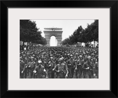 American troops marching on the Avenue des Champs-Elysees in Paris, France, 1944