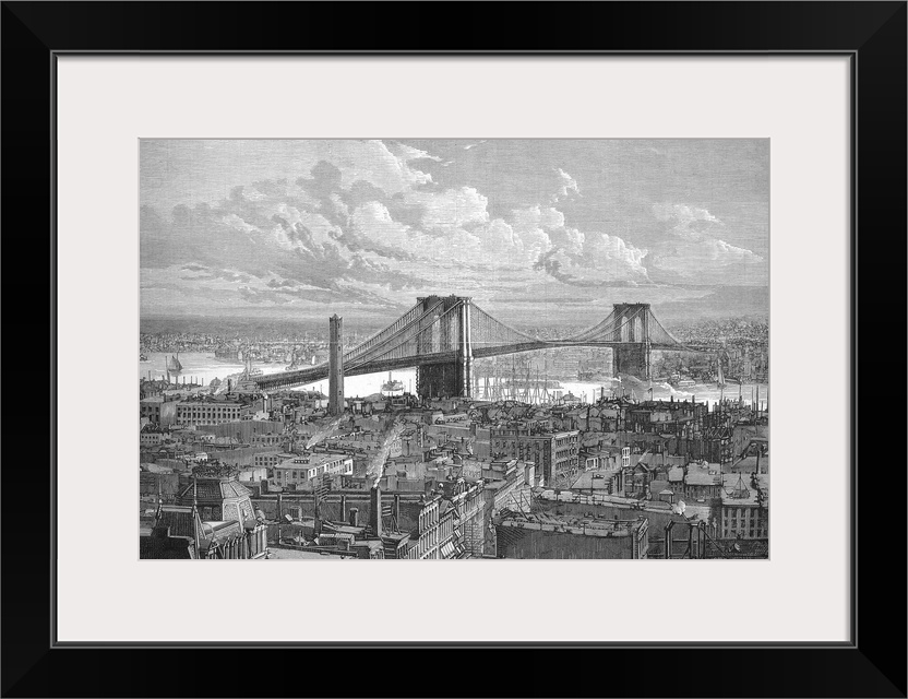 'The Brooklyn Bridge over the East River, between Long Island and New York.' Wood engraving, 1883.
