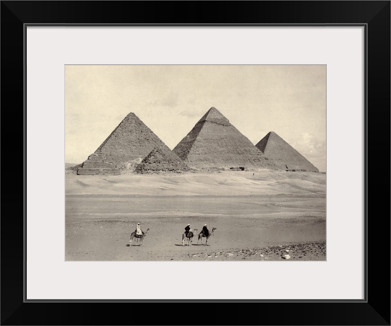 Egypt, Pyramids At Giza. the Pyramids At Giza, Egypt, With three Travelers In the Foreground. Photograph, Late 19th Century.