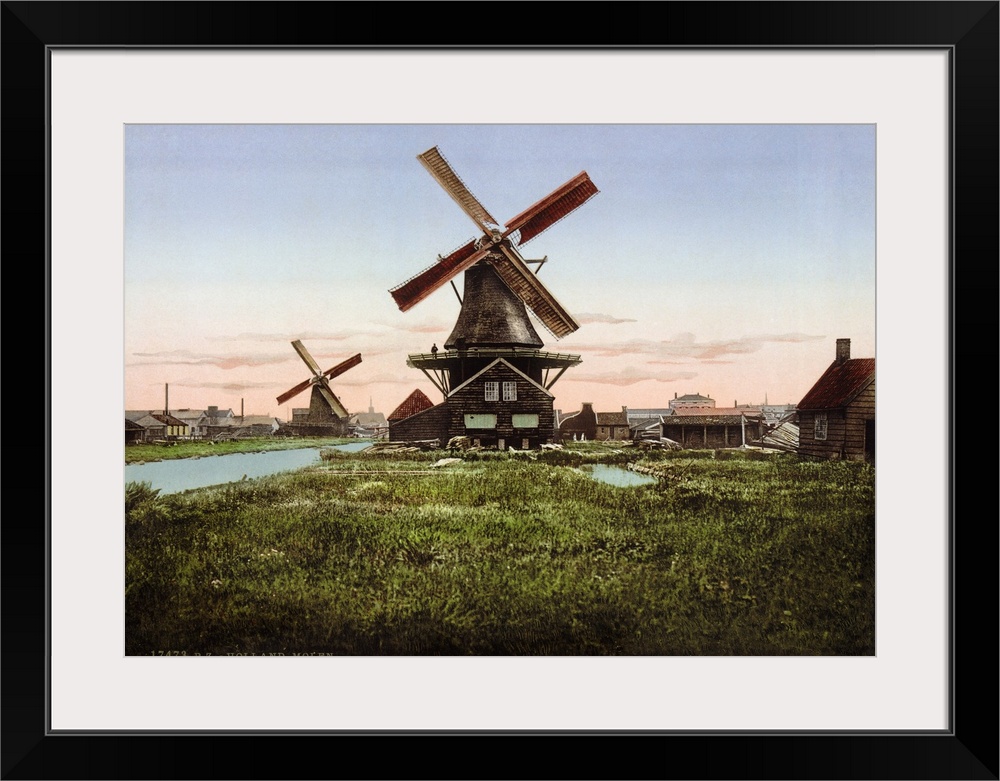 Holland, Windmill. Scenic View Two Windmills In Holland. Photochrome Print, C1890-1900.