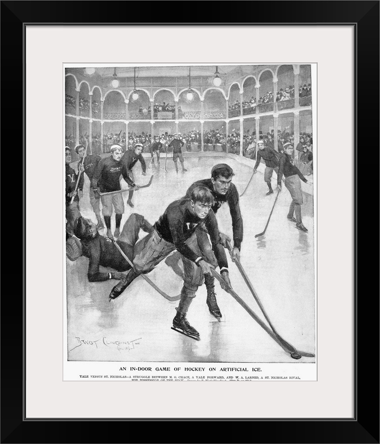 'An in-door game of hockey on artificial ice.' Yale vs St. Nicholas at the St. Nicholas Skating Club on West 66th Street, ...