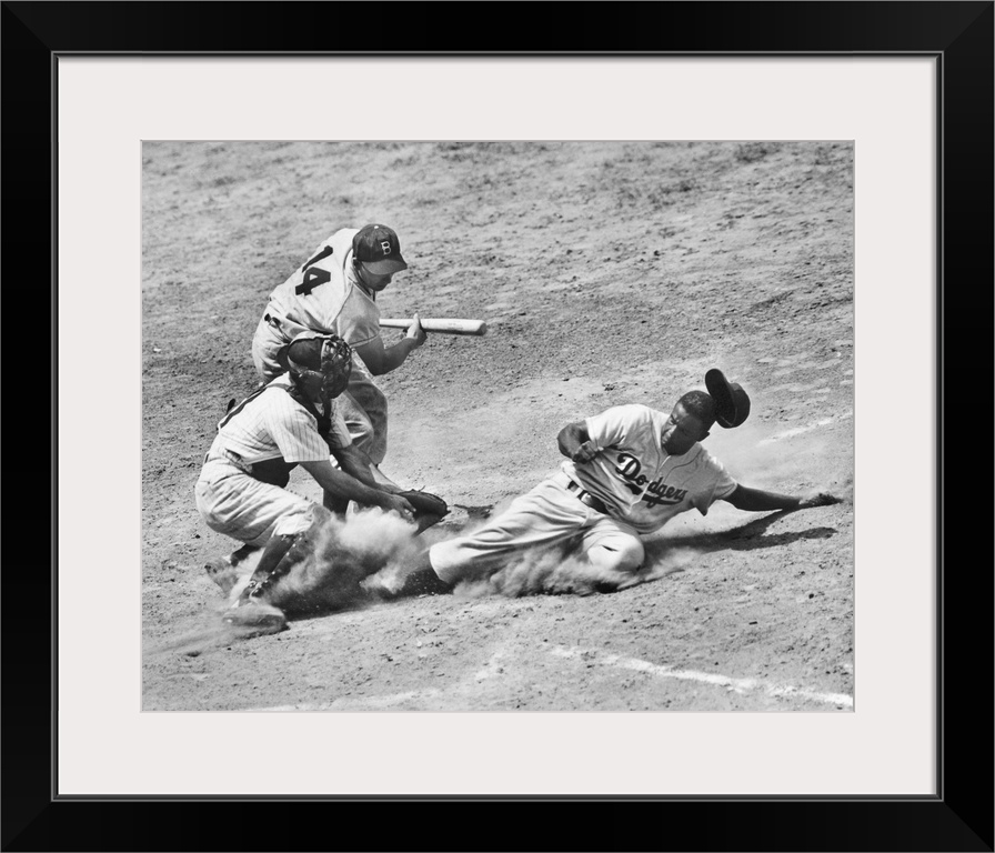 John Roosevelt Robinson, known as Jackie. American baseball player. As a member of the Brooklyn Dodgers, stealing home und...