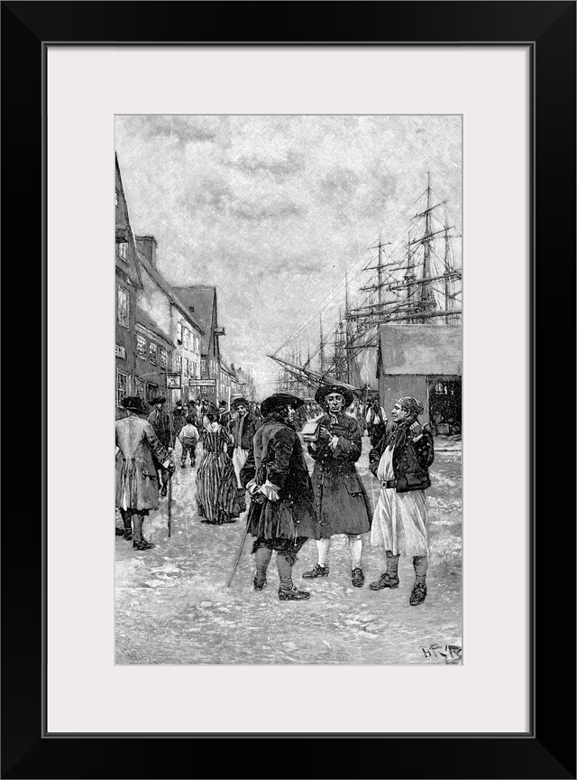 Along the waterfront in old New York. Wood engraving, American, 1893, after Howard Pyle.
