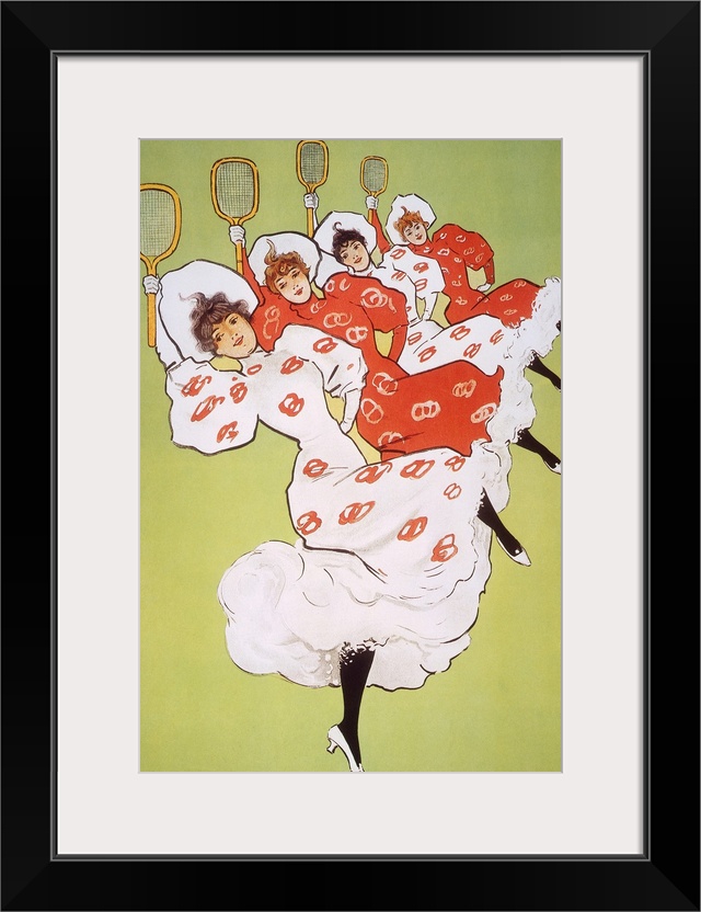 A quartet of tennis-playing cancan dancers: English lithograph poster, 1900, for the theatrical production of George Rober...