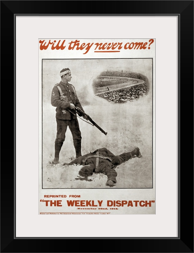 'Will they never come?' British recruitment poster for athletes for the Sportsman Battalion, 1914.