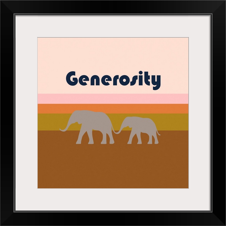 A modern illustration of a pair of elephants and the text 'Generosity' with a white border.