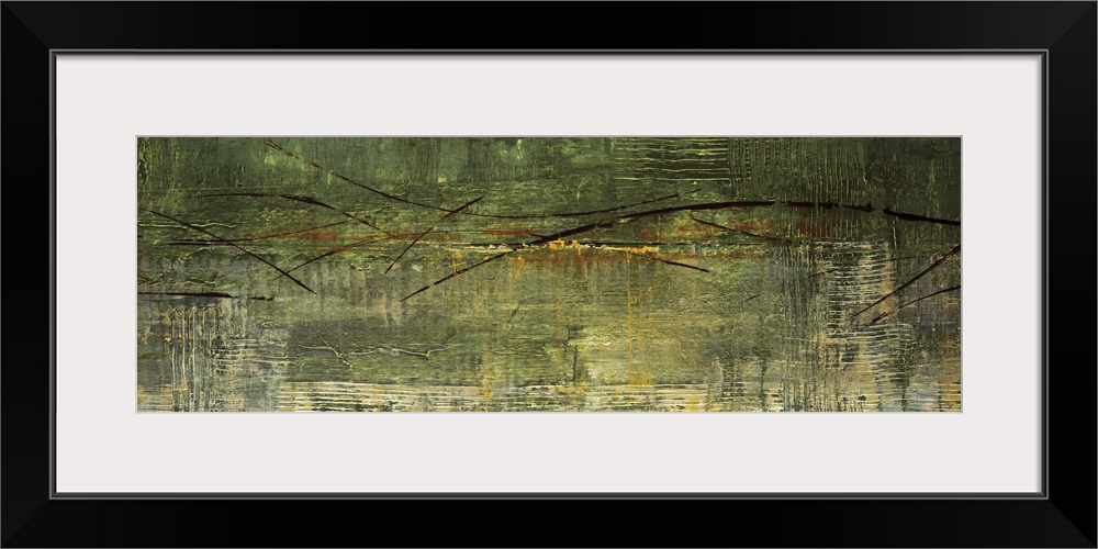 Abstract painting reminiscent of a city skyline in a monochromatic color scheme.