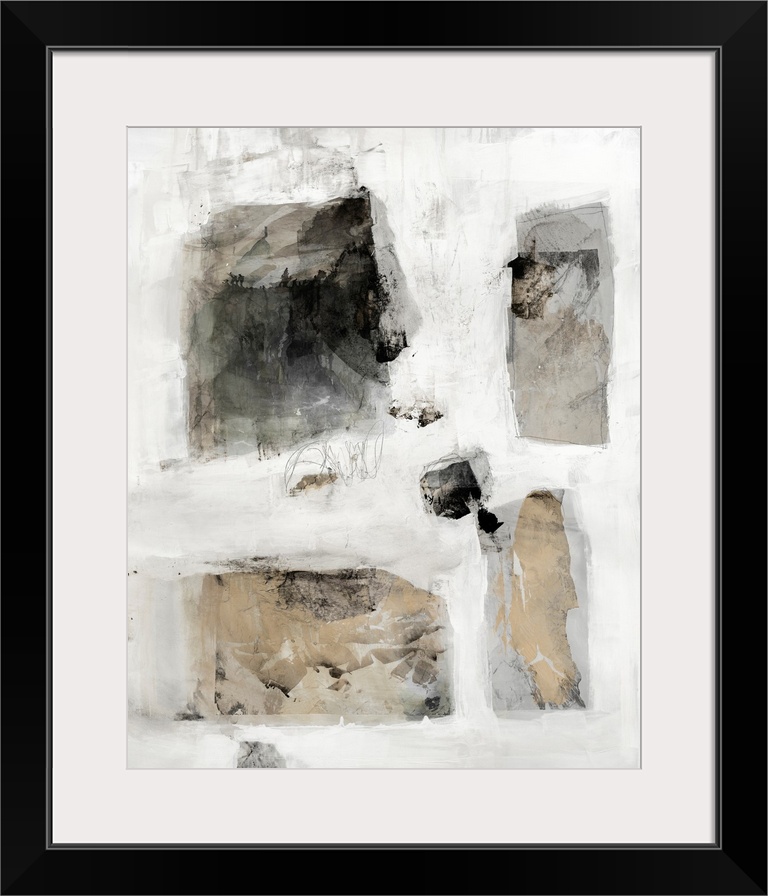A masculine contemporary abstract painting featuring rectangular shapes in neutral tones on a muted white and grey background