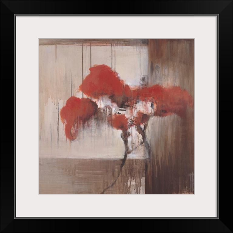 Contemporary painting of red flowers against a muted earthy toned background.