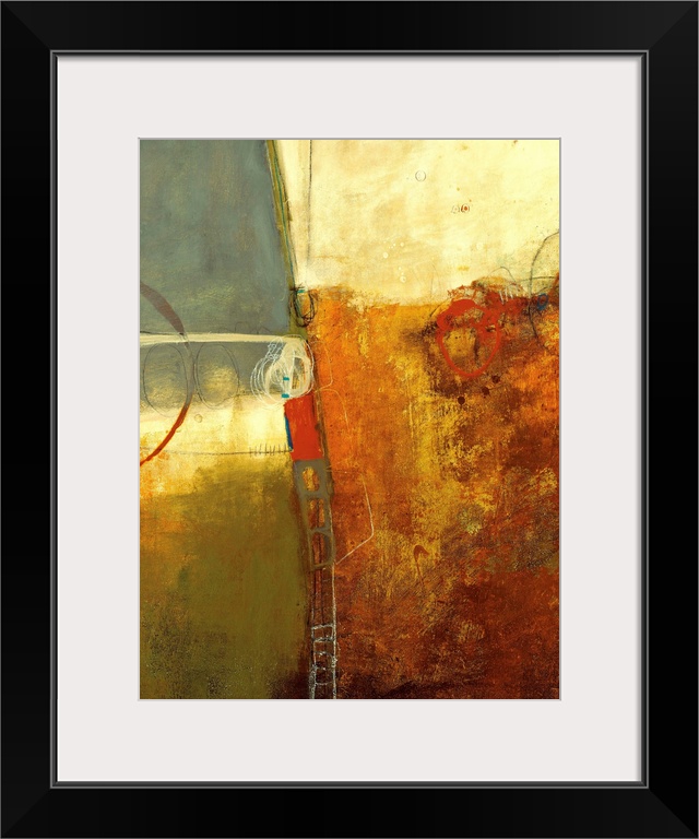 Vertical, abstract, large artwork for a living room or office of large, split blocks of patchy earth tones divided by vari...