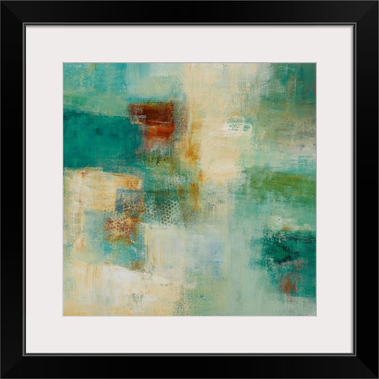 Square abstract painting with warm and cool patches of color in rough textures.