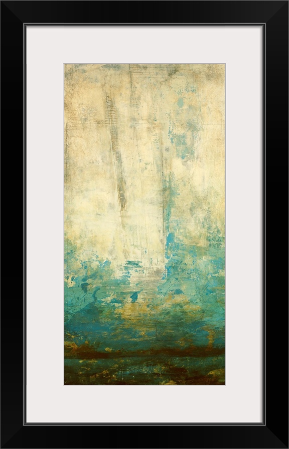 Panoramic abstract art includes a base of earth tones followed by a layer of cool tones that fade into the majority of thi...