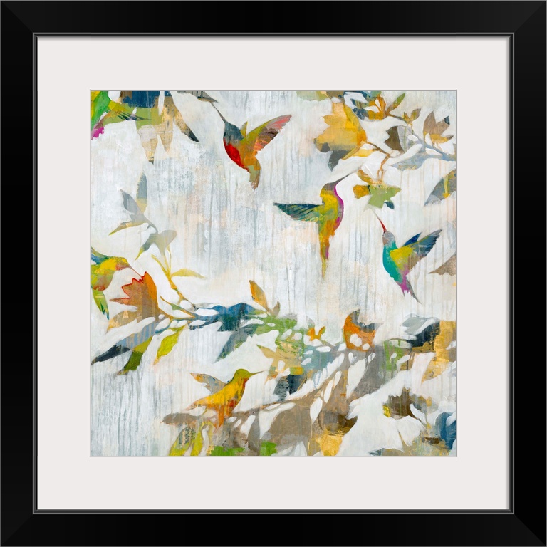 Contemporary abstract painting of a hummingbirds in multiple colors.