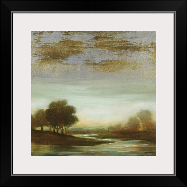 Contemporary painting of an idyllic dark looking landscape with a winding river.