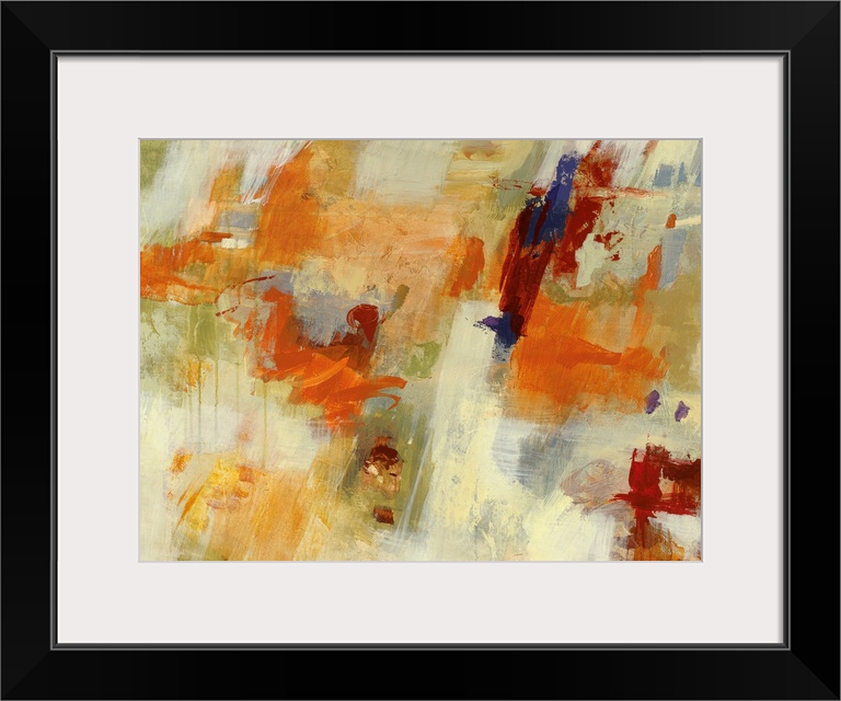 Colorful contemporary abstract painting consisting of wide brush strokes and dripping painting.