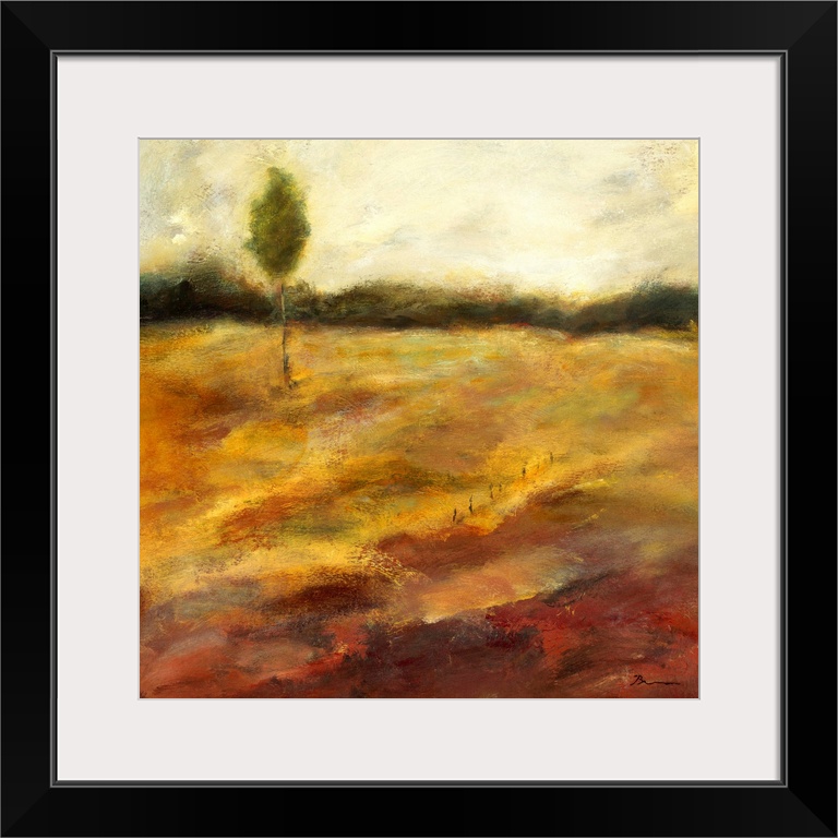 Contemporary painting of a golden earthy toned landscape with a small lone tree in the distance.