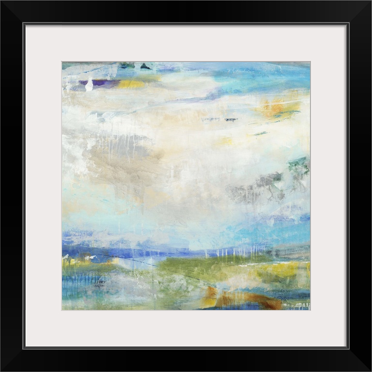 A contemporary abstract painting using predominantly blue tones to convey an abstracted landscape.