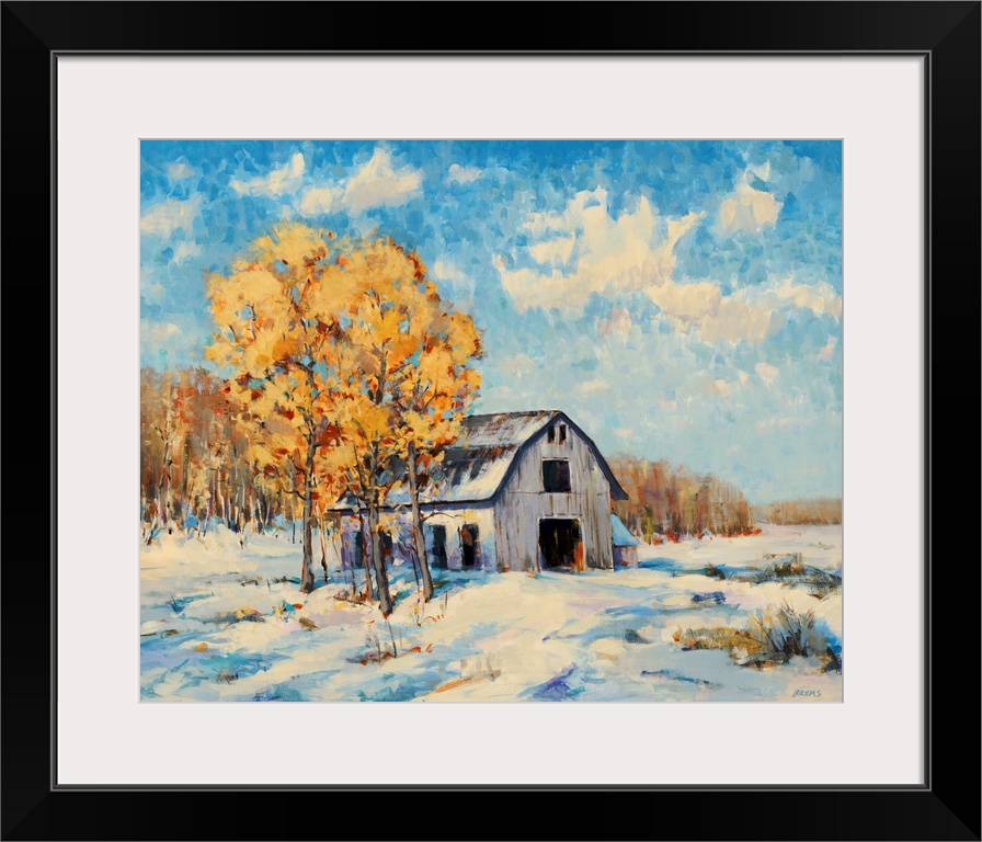 A transitional style painting on a white barn and free with golden leaves in a snowy winter landscape