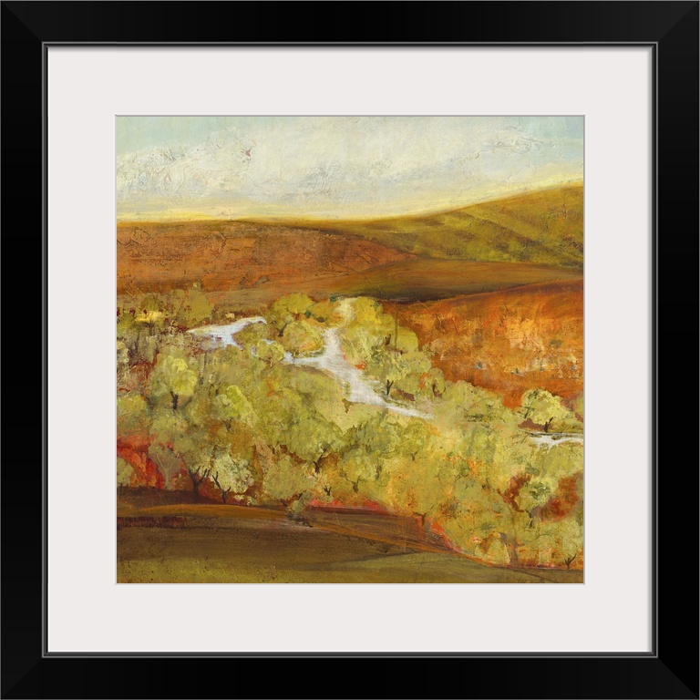 Contemporary landscape painting looking out over autumn countryside.