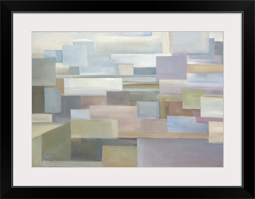 Contemporary abstract painting using pale muted tones and geometric shapes.