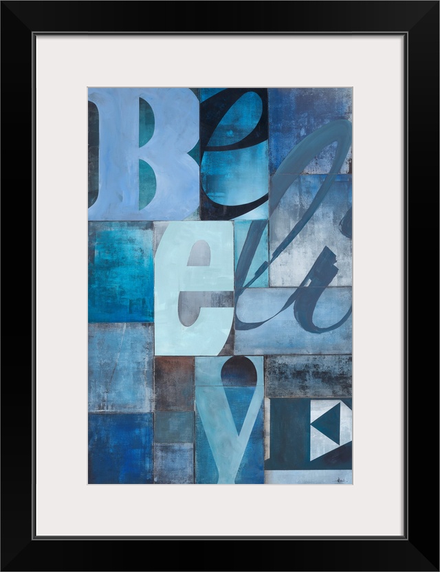 This decorative wall art is a typographic painting using different typefaces or fonts for each letter in the word.