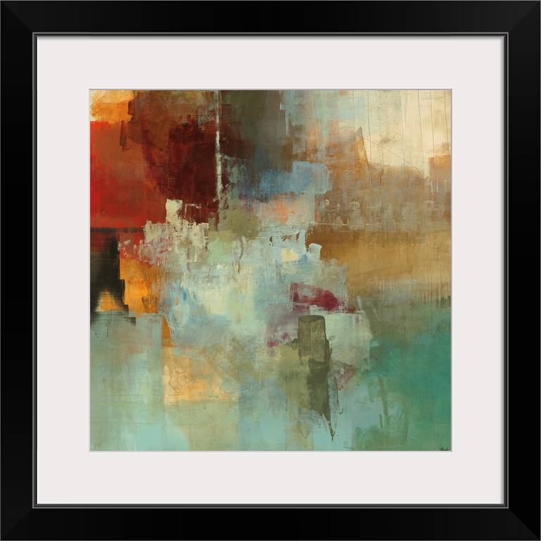 Large, square contemporary painting in a variety of warm and cool colors of patchy, square and rectangular shapes, with sp...