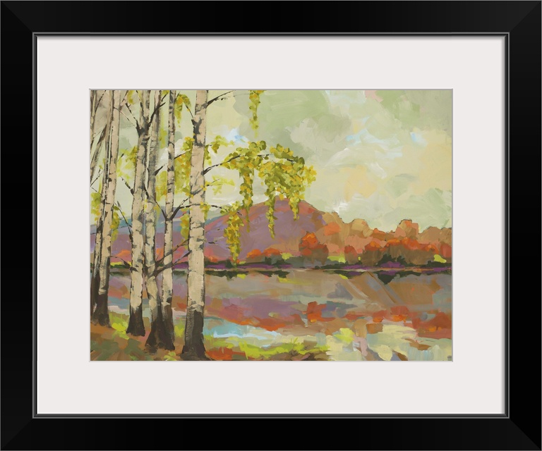 A painting in the transitional style of birch trees by the side of a lake with mountains in the background. Painted in war...