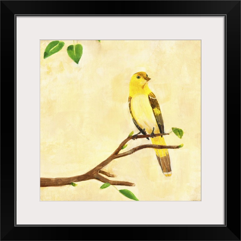 Contemporary artwork of a yellow garden bird perched on a tree branch.