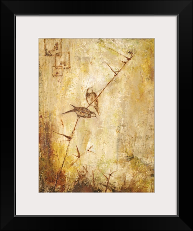 Contemporary painting of a pair of birds perched on a long thin stem.