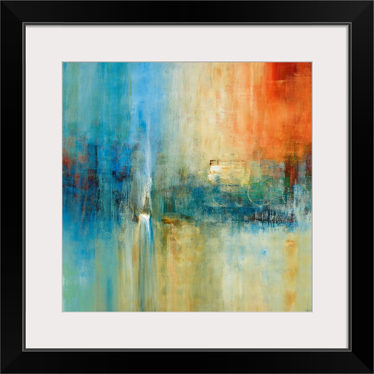 A square abstract painting with strong vertical movement and dramatic use of color. The serene composition and simplistic ...
