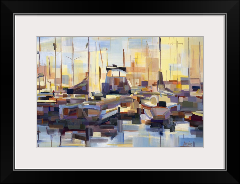 Contemporary abstract painting of a harbor scene deconstructed into geometric shapes.