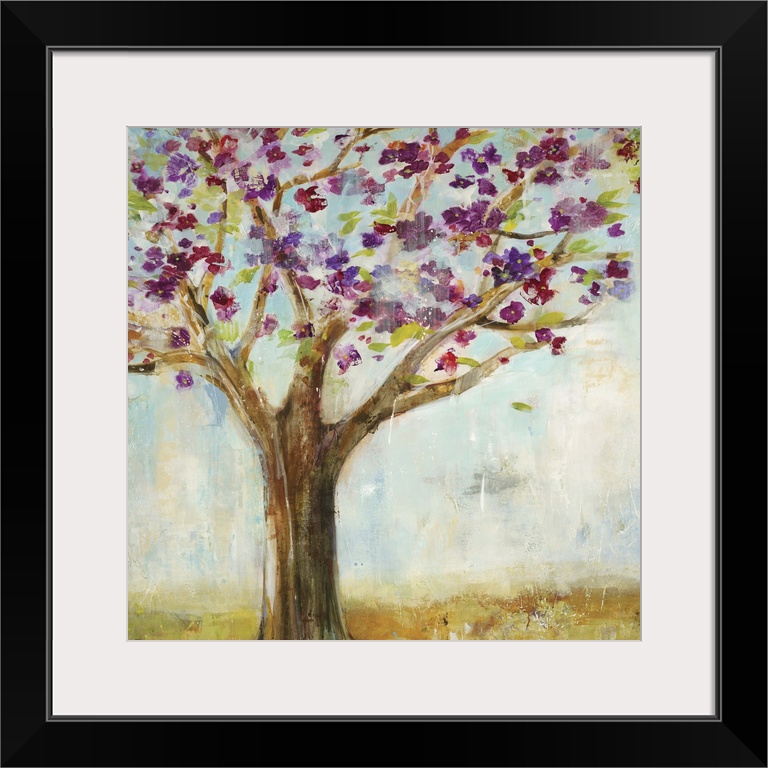 Contemporary painting of a tree with purple blossoming flowers.