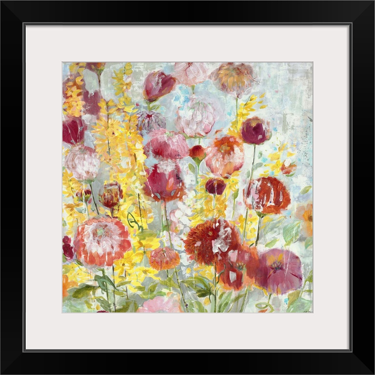 A contemporary painting of vibrant garden flowers against a pale blue background.