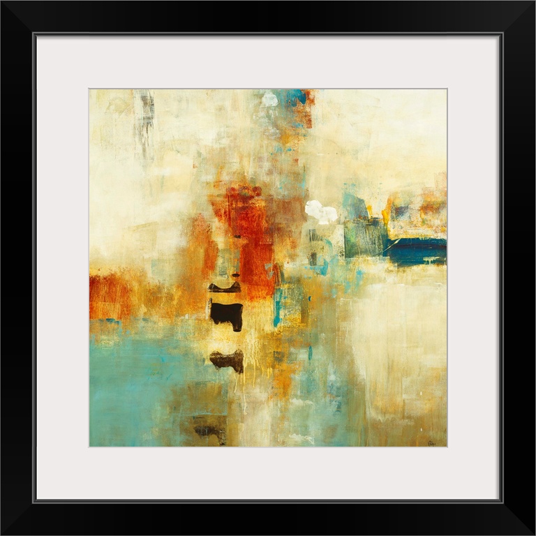 Square abstract painting of warm tone colors of blue, orange and yellow.