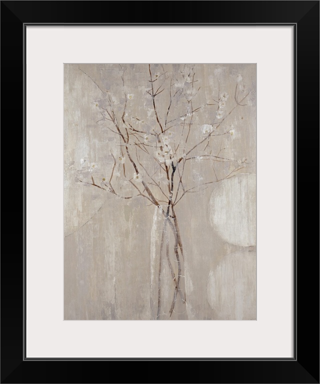 A monochromatic vertical painting of  twigs with tiny flowers.