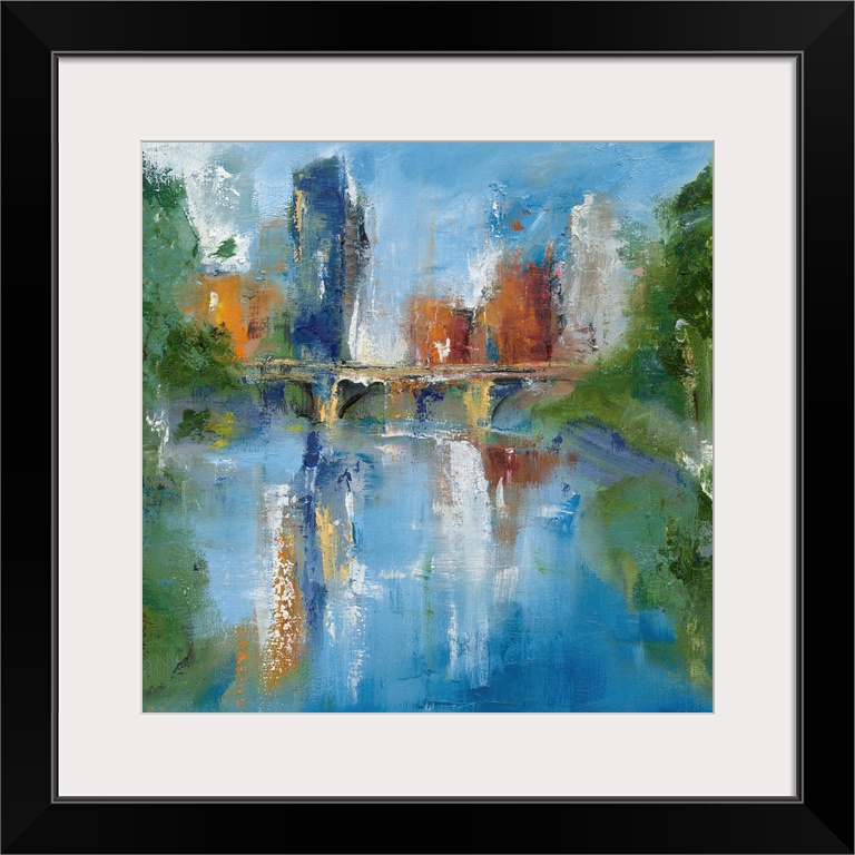 Square abstract painting of a city skyline and a bridge reflecting into water with trees on the sides.