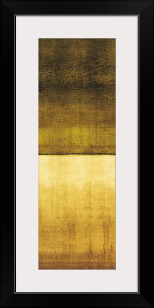 Contemporary color field painting using golden yellow tones meeting a dark earthy olive tone in the center of the image.