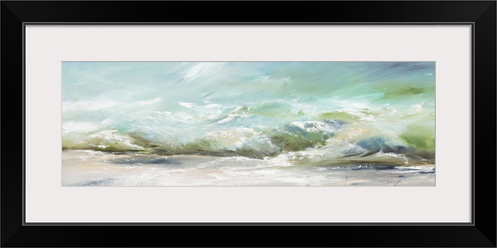 A contemporary panoramic painting of green ocean waves washing onto the sand - a calm image perfect for a beach cottage