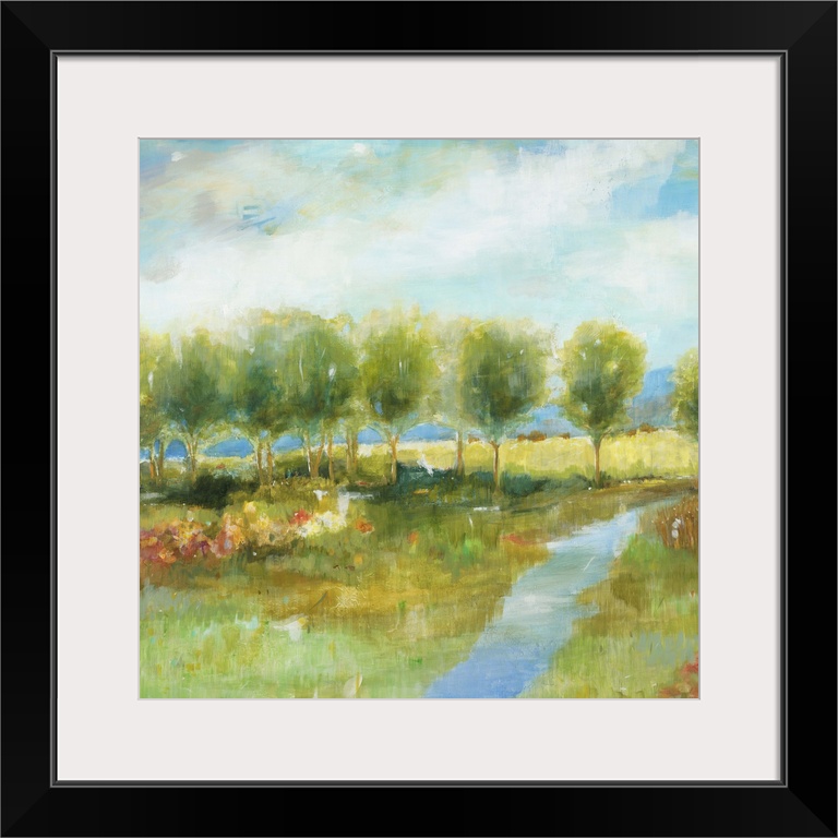 Contemporary landscape painting with a line of bright green trees.