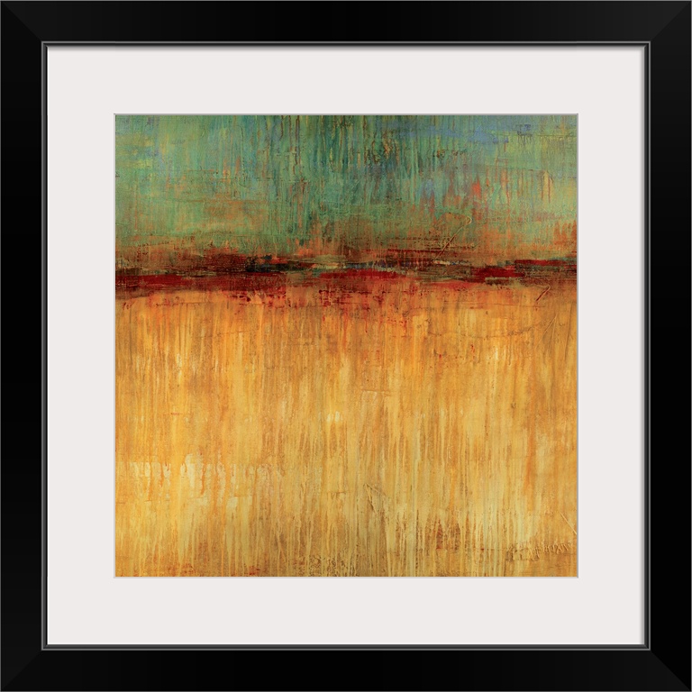 Big, square abstract artwork for a living room or office.  Smaller section of cooler colors at the top appear to drip vert...