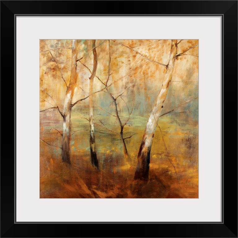 Contemporary landscape painting featuring soft strokes and a muted palette to capture the mood of a forest at dawn.