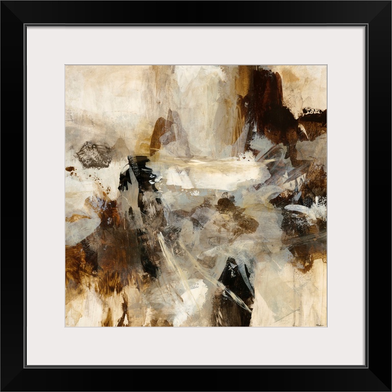Contemporary tonal abstract painting of overlapping brush strokes varying in length and thickness, oriented in all directi...