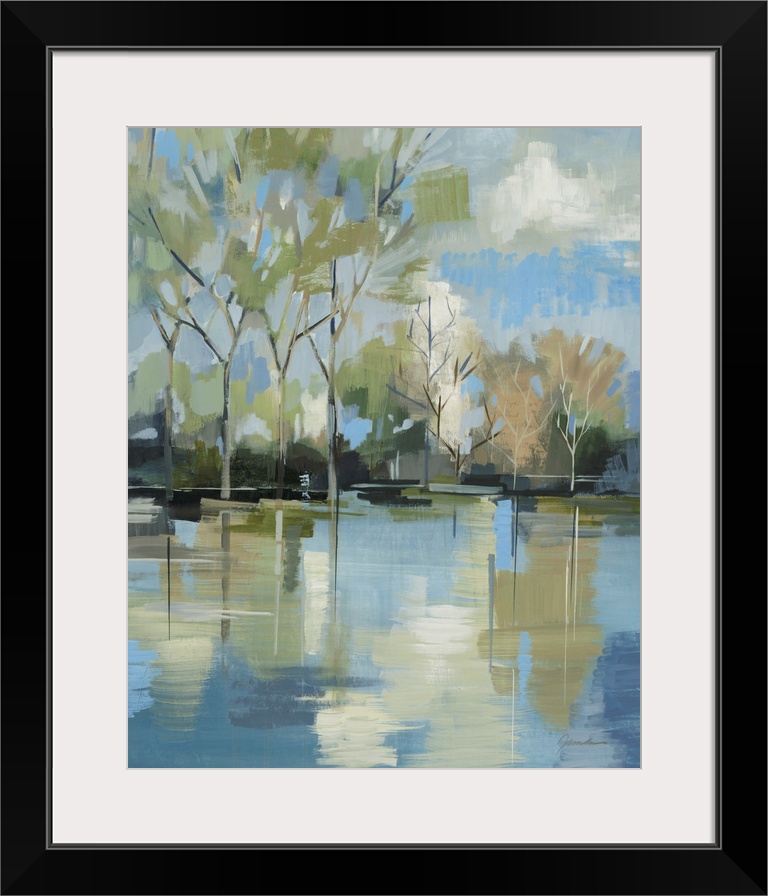 A serene contemporary painting of trees behind a lake painted in a blocky abstract style