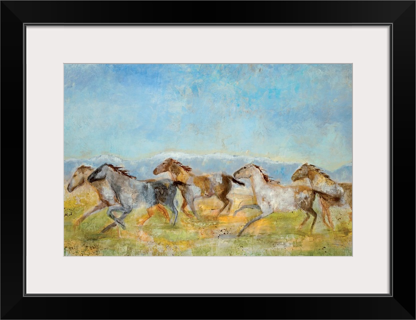 A landscape painting of wild horses running across the plains; the horses have been painted with a sense of movement and a...