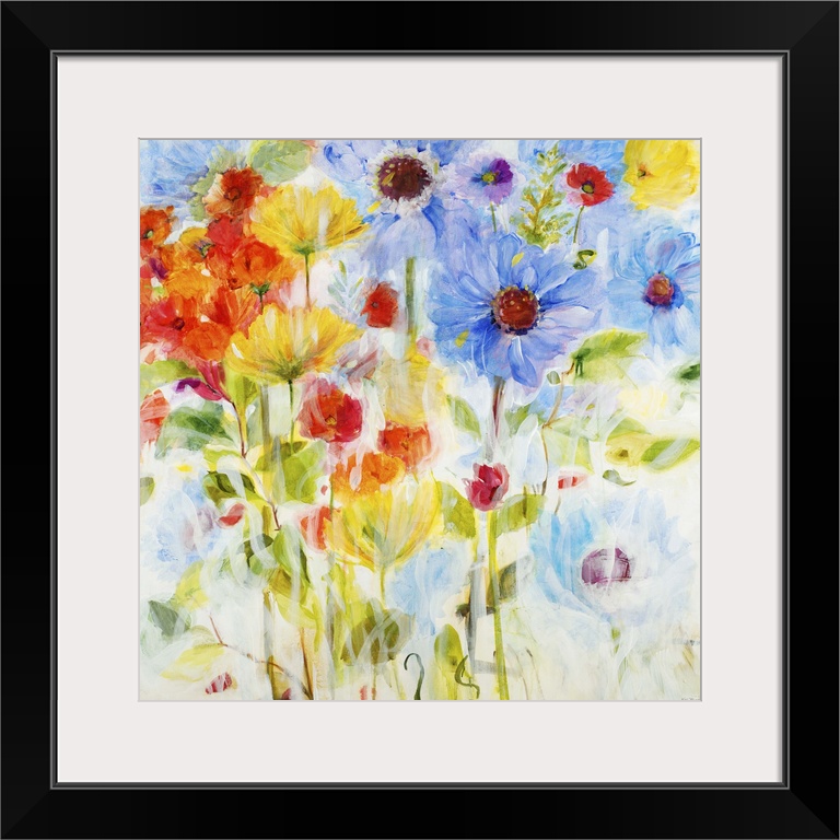Contemporary painting of vibrant blue yellow and red flowers.