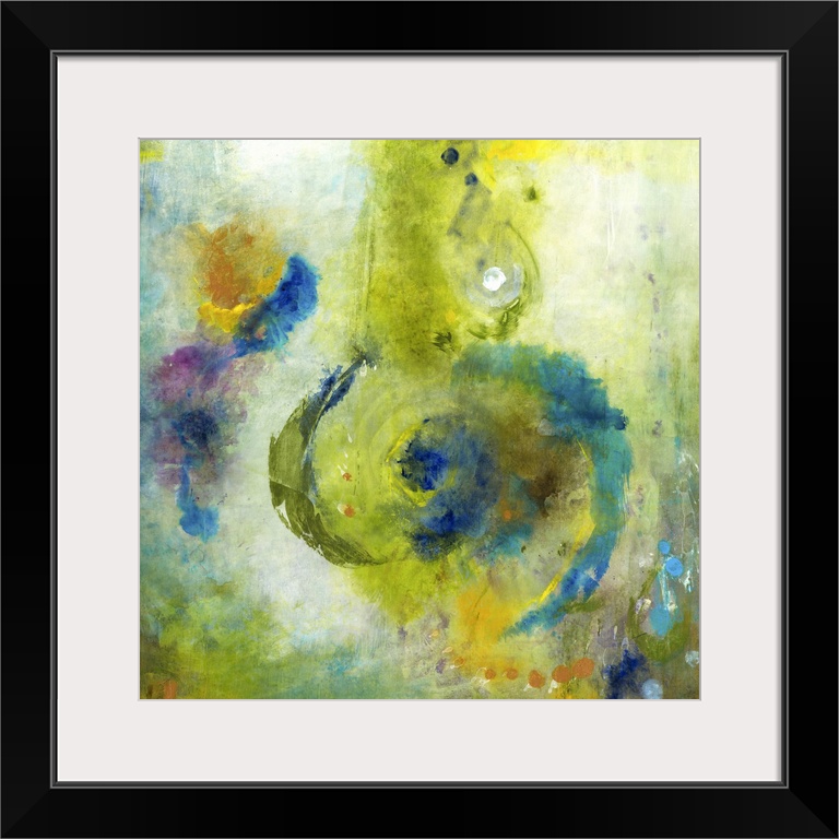 A square abstract painting of swirled shapes in bright colored brush strokes such as green and blue.