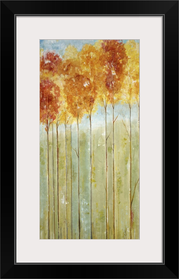 A contemporary painting of tall trees on thin trunks with autumn foliage.