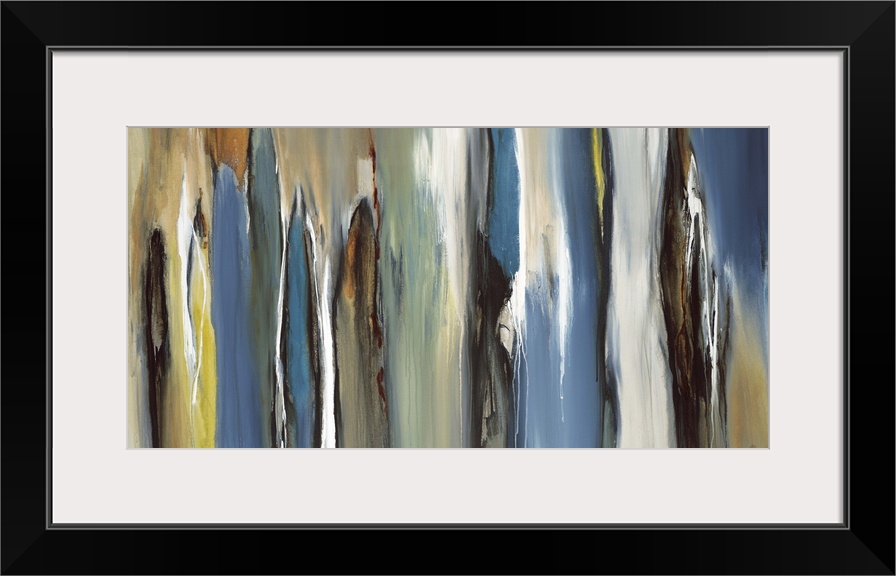 Abstract painting using dark blues and earthy tones in vertical movements.