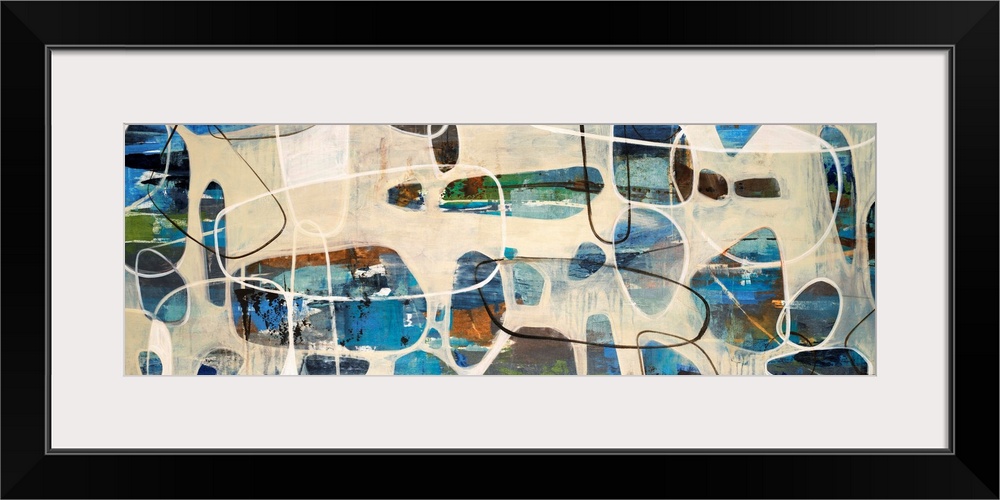 Abstract painting of oval, stone like shapes scattered on a panoramic sized art canvas.