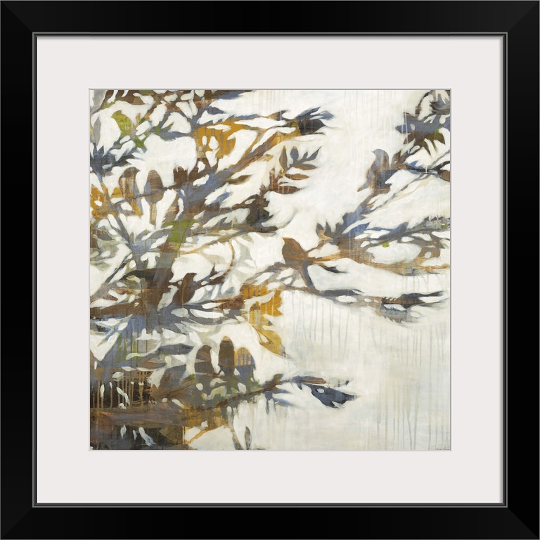 Contemporary painting of a colorful silhouette of a tree branch with birds perched all over it.